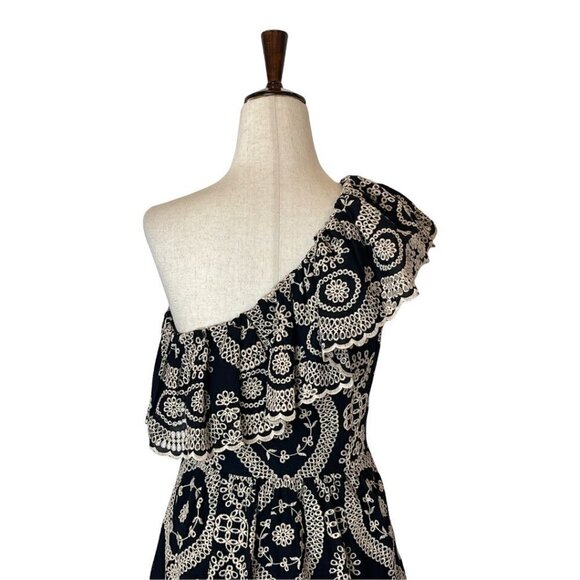 LoveShackFancy Black And Cream Pamela Asymmetric One Shoulder Flounce‎ Dress S - Picture 8 of 14